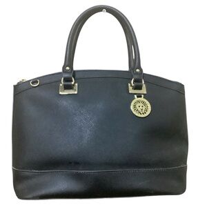 Anne Klein Black Large Shoulder Tote Bag Dual Handles Zip Polka Dot Lining